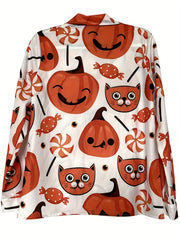  Cat & Pumpkin Print Button Up Long Sleeve Blouse