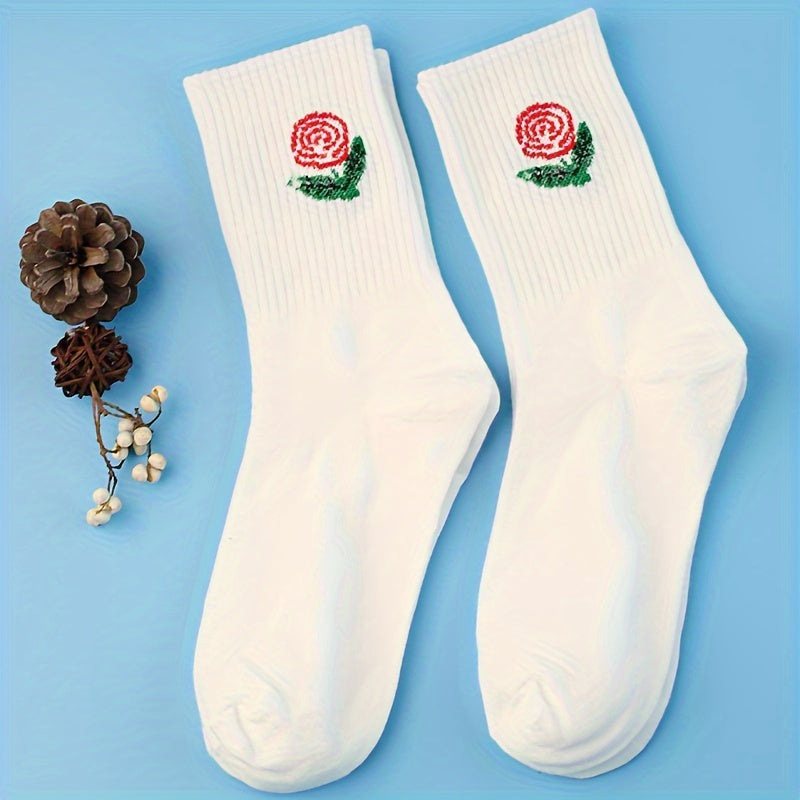 3 Pairs Floral Print Socks Comfy & Breathable Mid Tube Socks Women's Stockings
