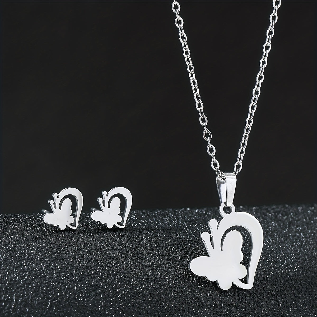 Stainless Steel Butterfly Flower Heart Stud Earrings & Necklace Set