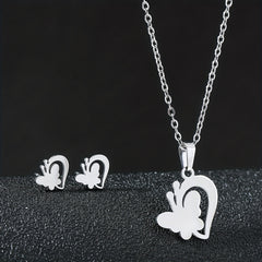 Stainless Steel Butterfly Flower Heart Stud Earrings & Necklace Set
