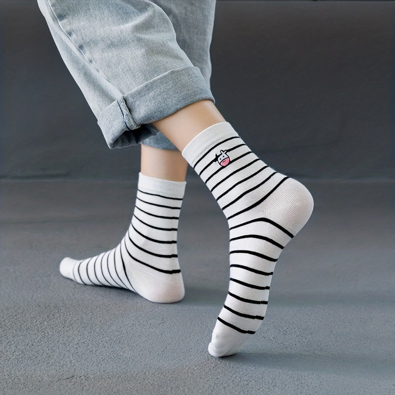 5 Pairs Cartoon Cow Print Socks Women's Mid Tube Stockings