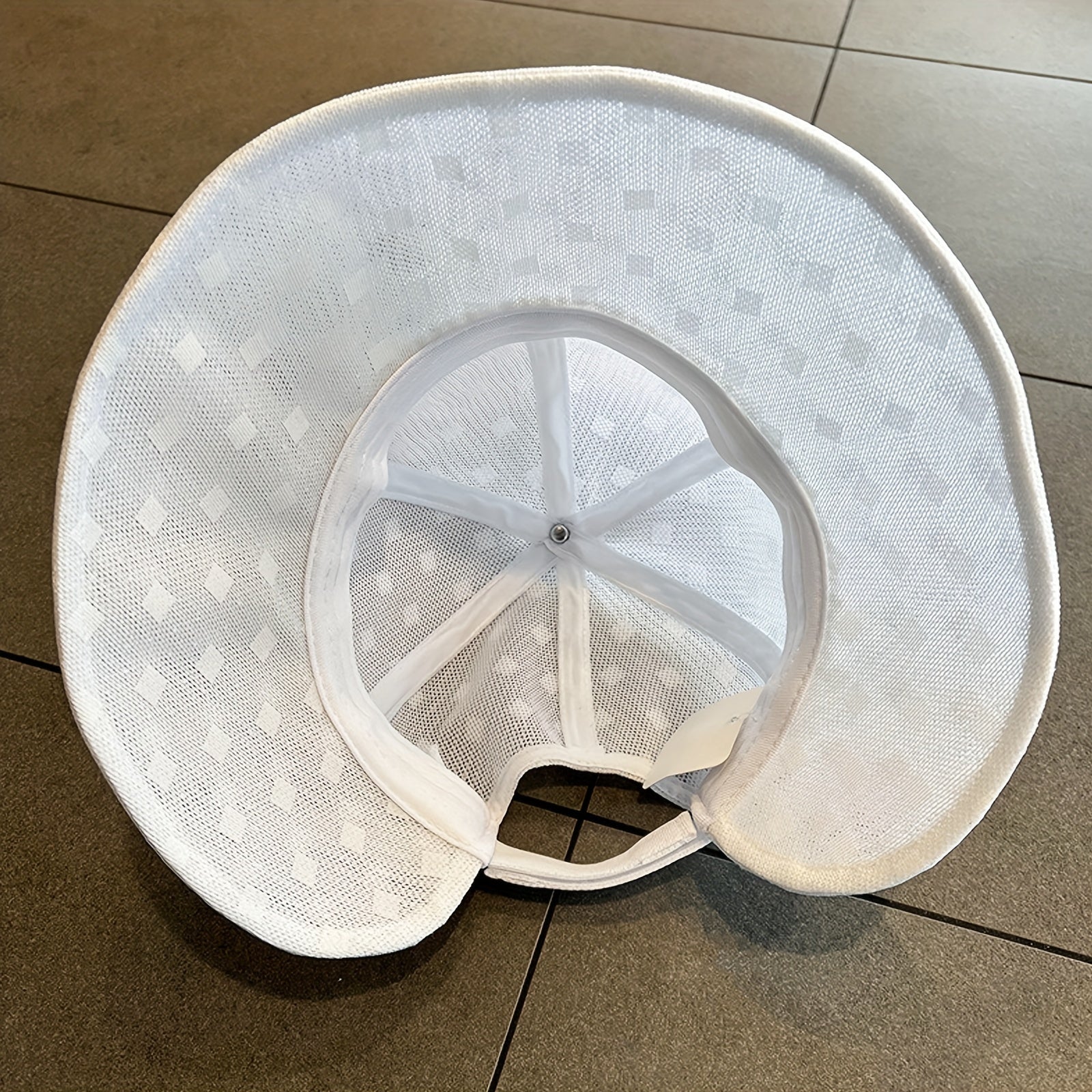 Plaid Mesh Sun Hat UV Protection Bucket Hat Faux Pearl Chain Decor