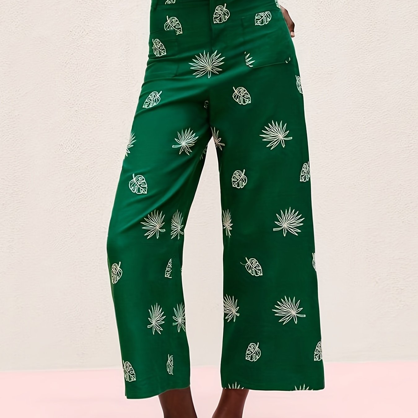 Leaf Print Button Fly High Rise Wide Leg Trousers