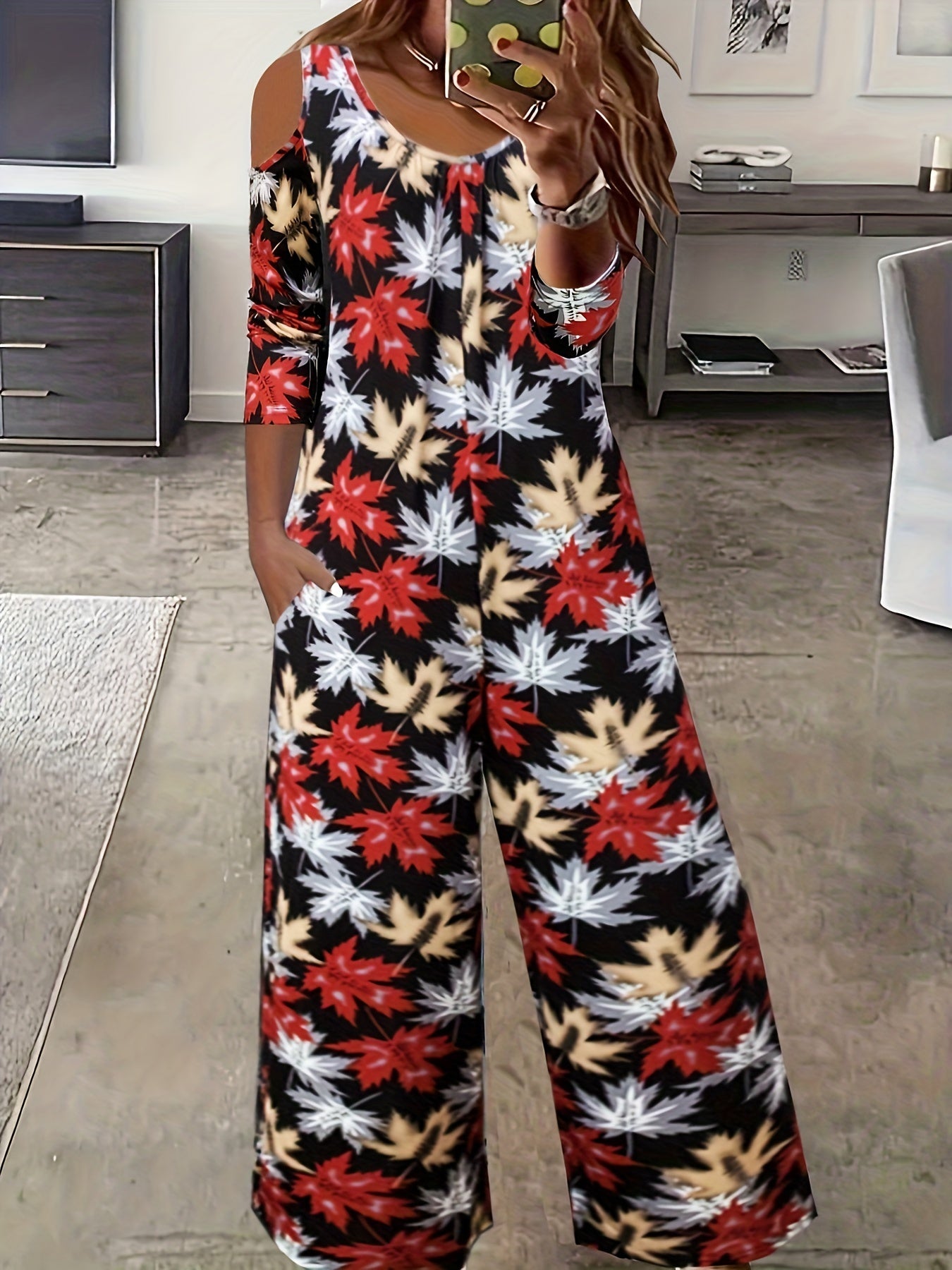 Boho Jumpsuit Women's Plus Maple Leaf Print Cold Shoulder