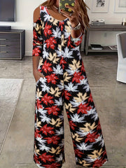  Boho Jumpsuit Women's Plus Maple Leaf Print Cold Shoulder