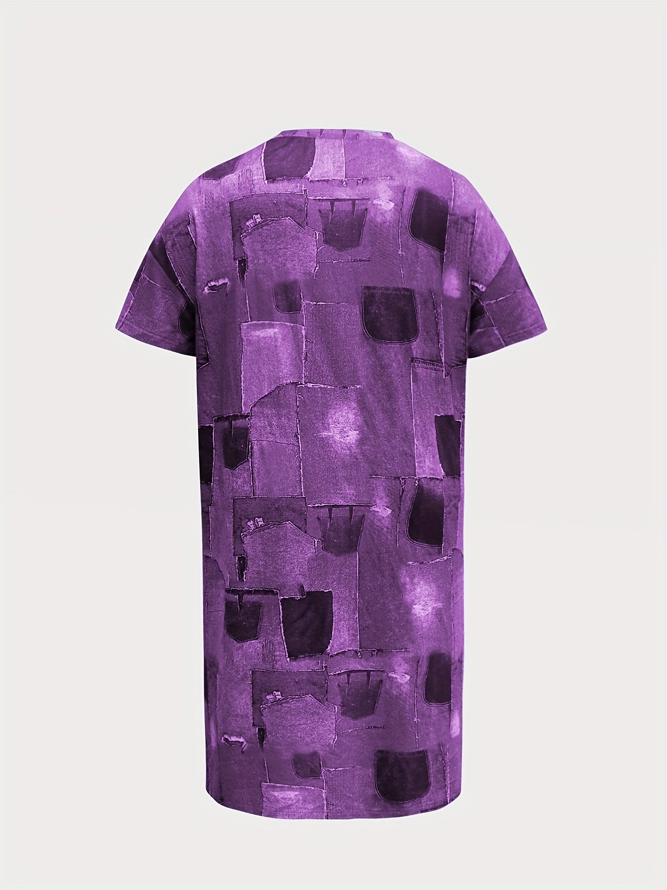 Plus Denim Print V-Neck Short Sleeve Dress with Pockets