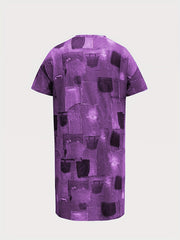 Plus Denim Print V-Neck Short Sleeve Dress with Pockets