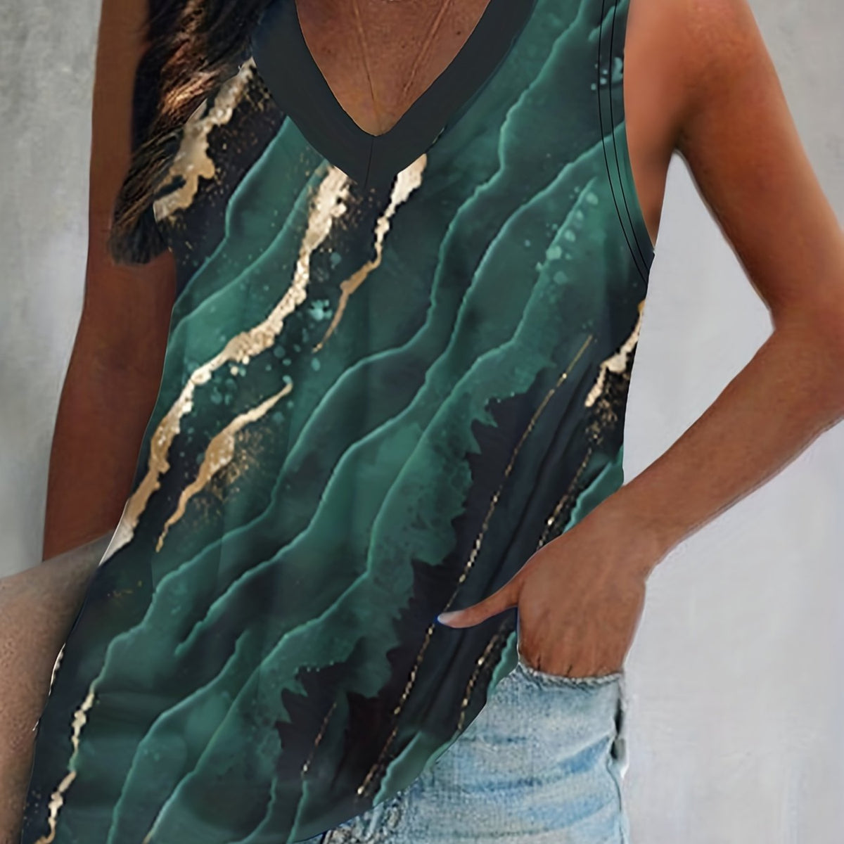 Marble Print V Neck Stretch Tank Top