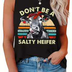  Retro Tank Top Women's Plus Bull & Letter Print Round Neck Tank Top