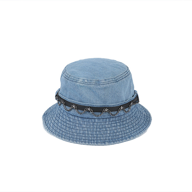 Metal Chain Denim Bucket Hat Distressed Hip Hop Fisherman Cap