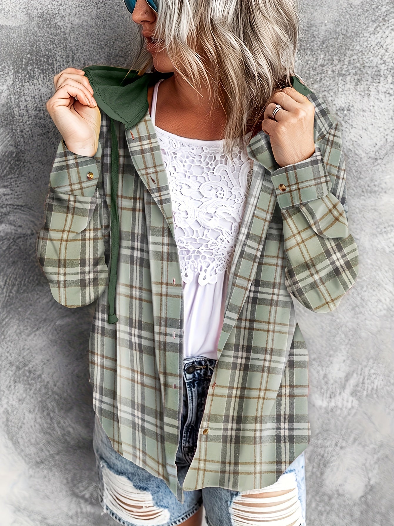  Plaid Print Button Up Hooded Shirt Coat