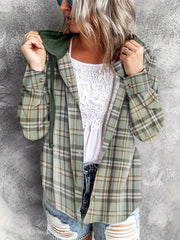  Plaid Print Button Up Hooded Shirt Coat