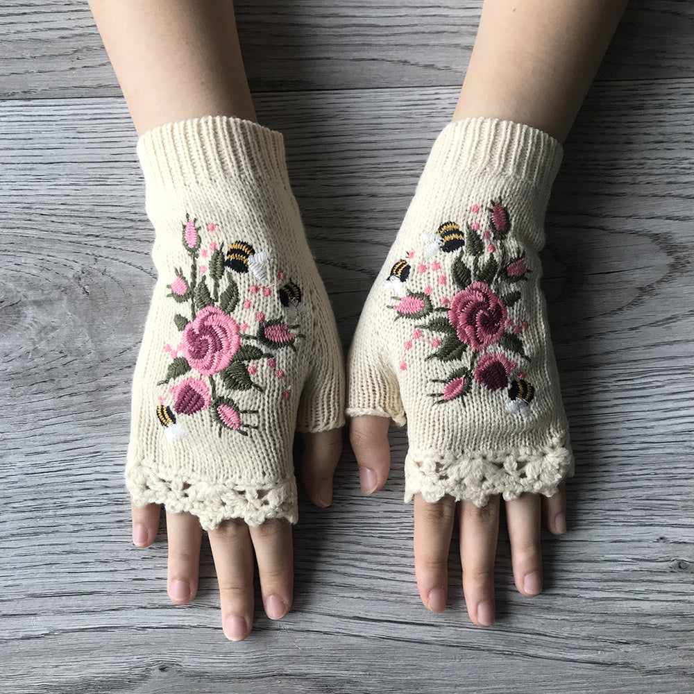 Women's Flower Knit Fingerless Gloves