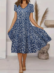  Floral Print Short Sleeve V Neck Dress