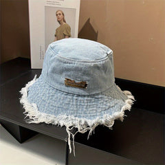 Ripped Washed Bucket Hat Unisex Tassel Denim Basin Hat Iron Label Decor