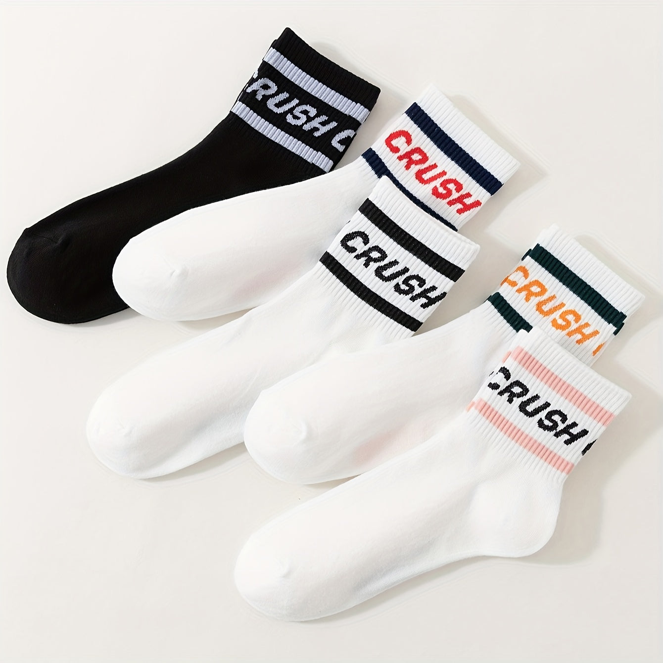 5 Pairs Plus Size Casual Crew Socks Set Women's Plus Striped & Letter Graphic