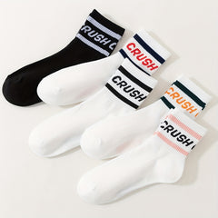 5 Pairs Plus Size Casual Crew Socks Set Women's Plus Striped & Letter Graphic