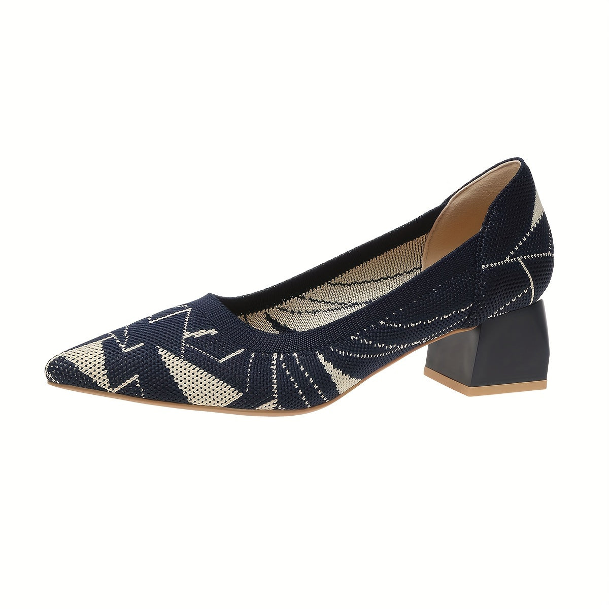 Colorblock Chunky Heels Breathable Knit Point Toe Pumps
