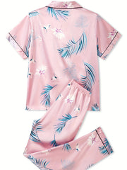 Floral Print Lounge Set Short Sleeve Top & Pants Women's Loungewear