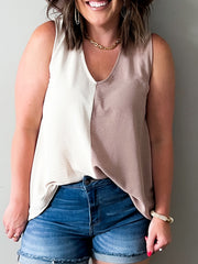  Colorblock Half V Neck Loose Tank Top