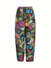  Floral Print Elastic Drawstring High Rise Slight Stretch Carrot Pants