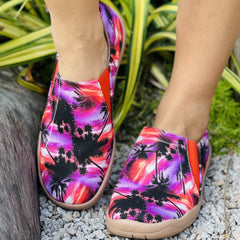 Women's Tie Dye Coconut Tree Slip On Canvas Shoes Lightweight Round Toe Flat
