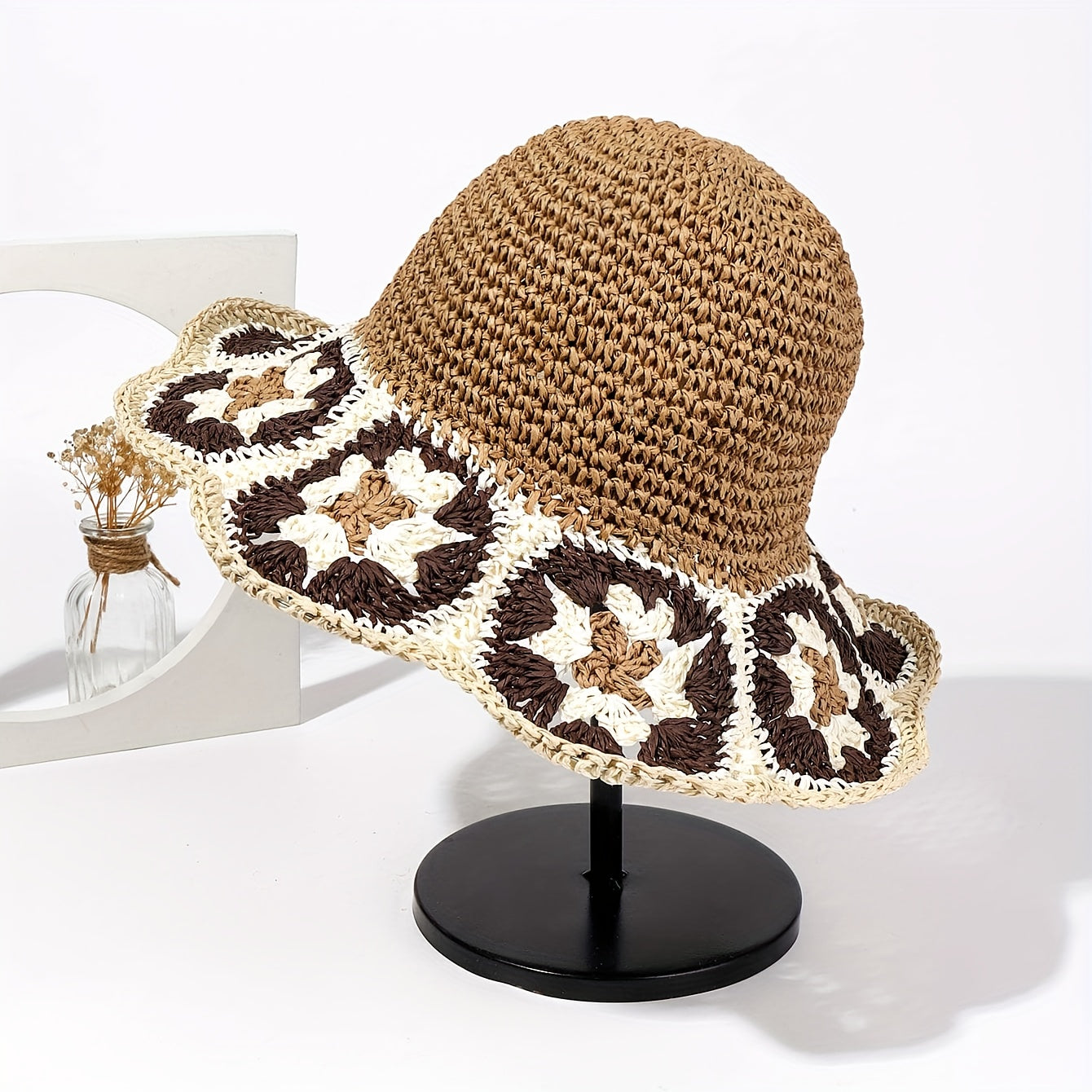 Boho Crochet Bucket Hat With Brim Hollow Out Straw Sun Hat