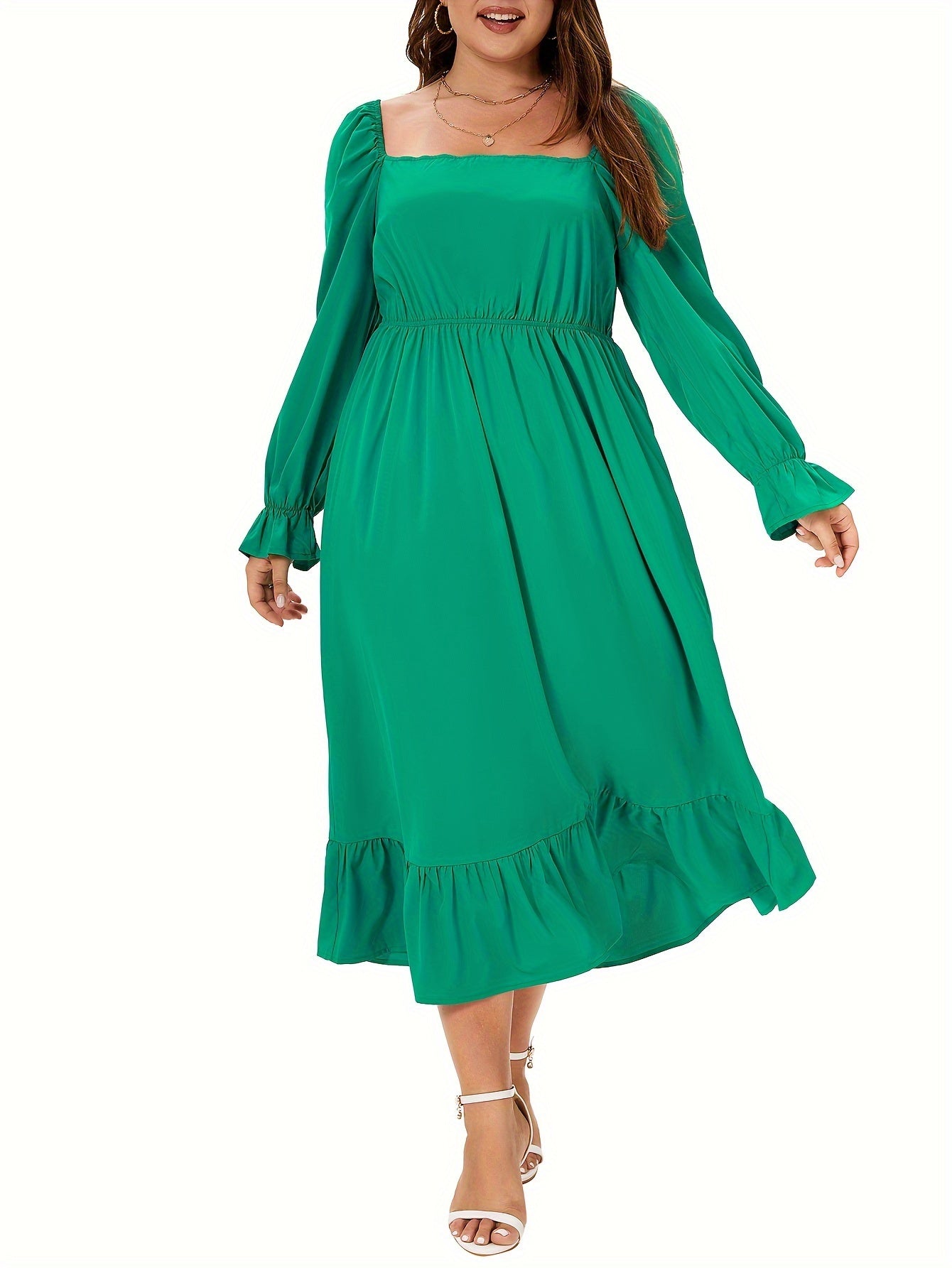  Solid Flounce Sleeve Square Neck Smock Dress