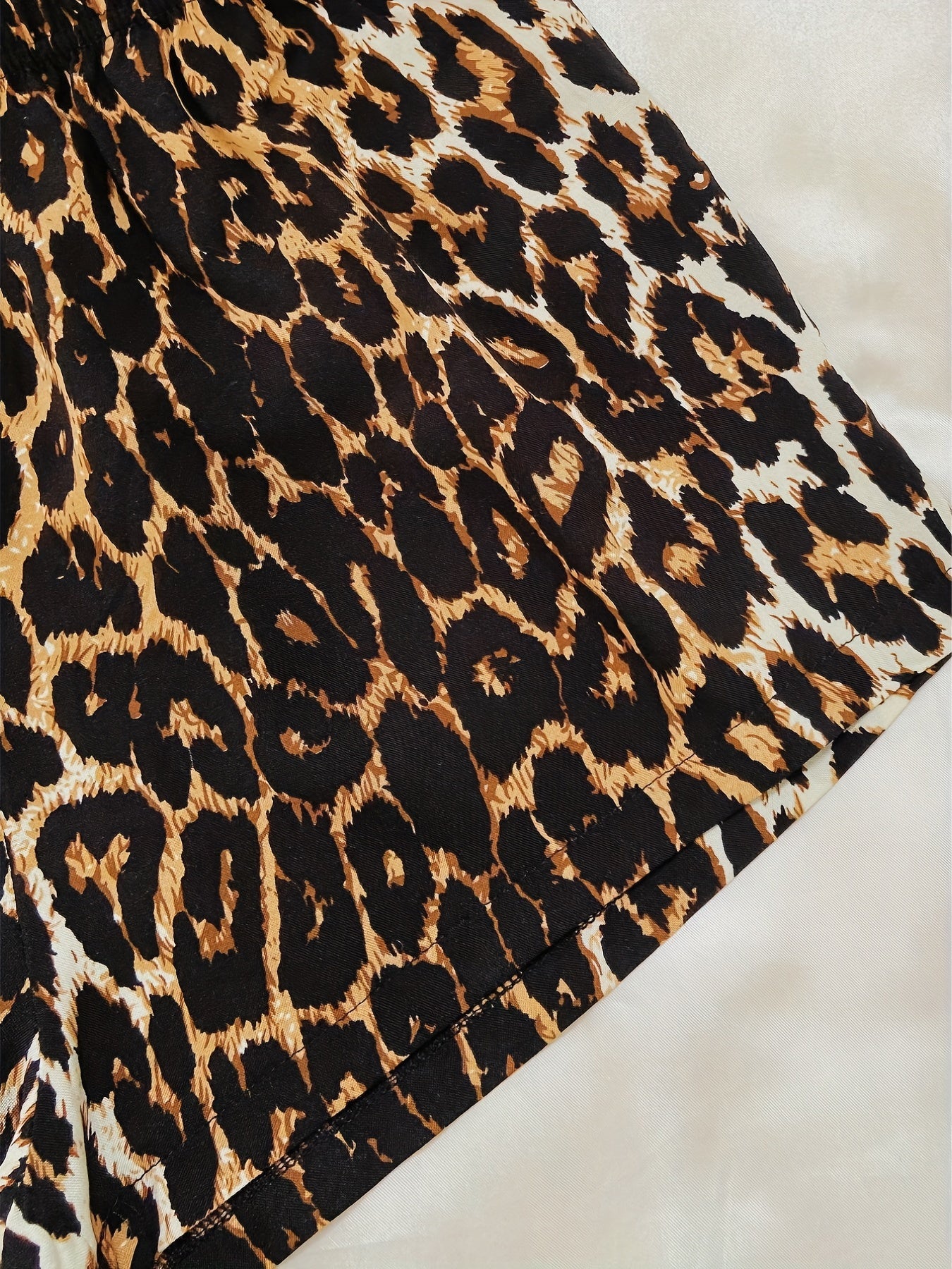 Leopard Print Lounge Set Short Sleeve Crew Neck Top & Elastic Waistband Shorts