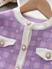 Toddler Girl's Cable Knit 2pcs Plaid Pattern Cardigan & Bowknot Decor Skirt Set