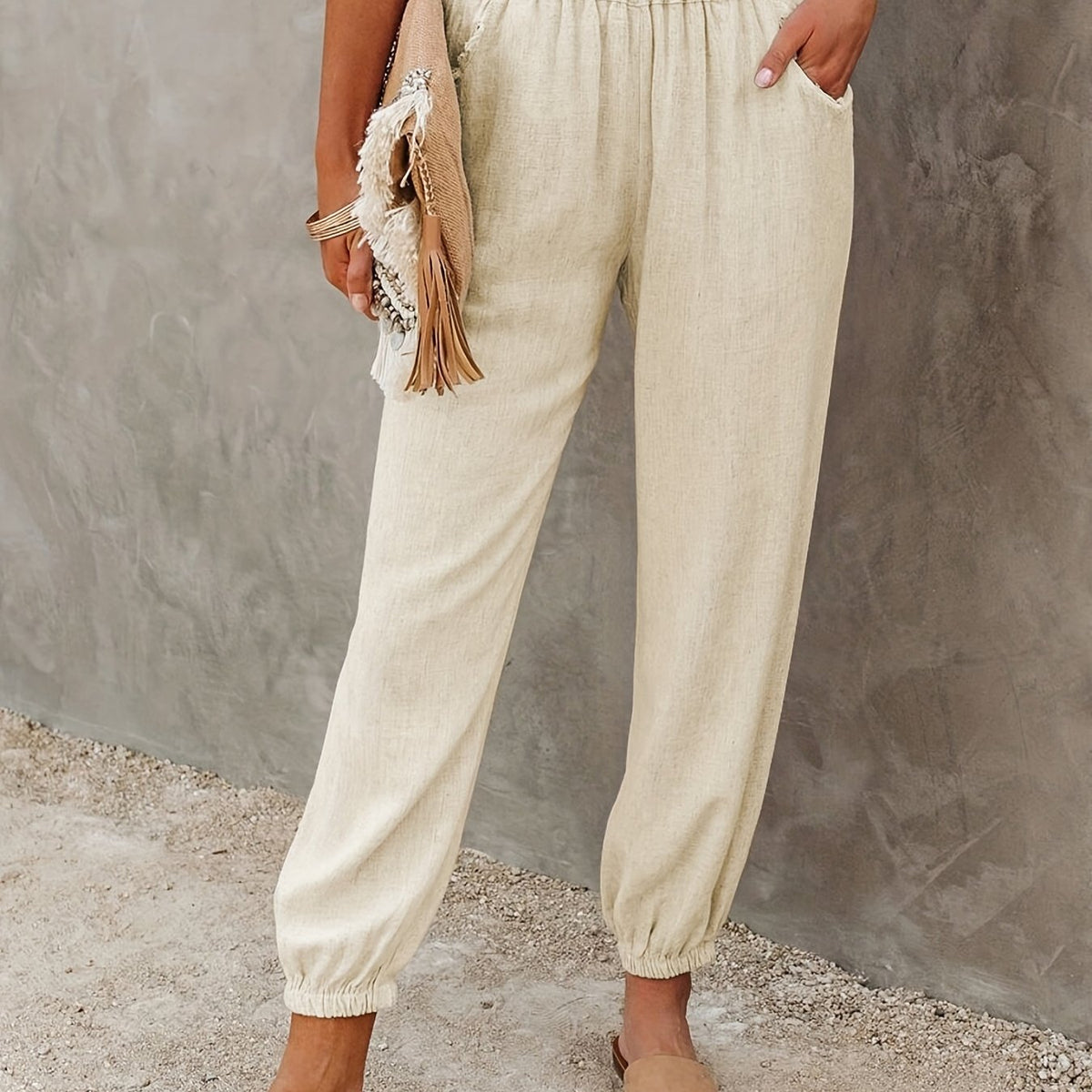 Ruched Pants Elastic High Waist Cropped Pants With Pockets