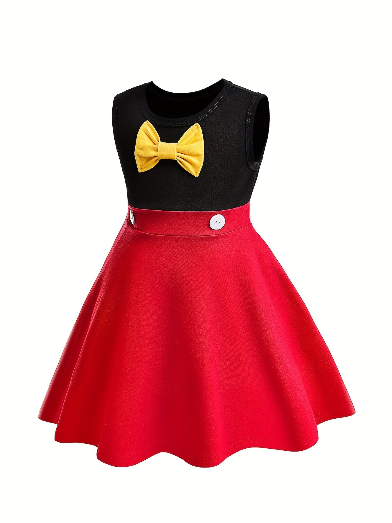 Girls Sleeveless Bow Crew Neck Button Cotton Princess Dress