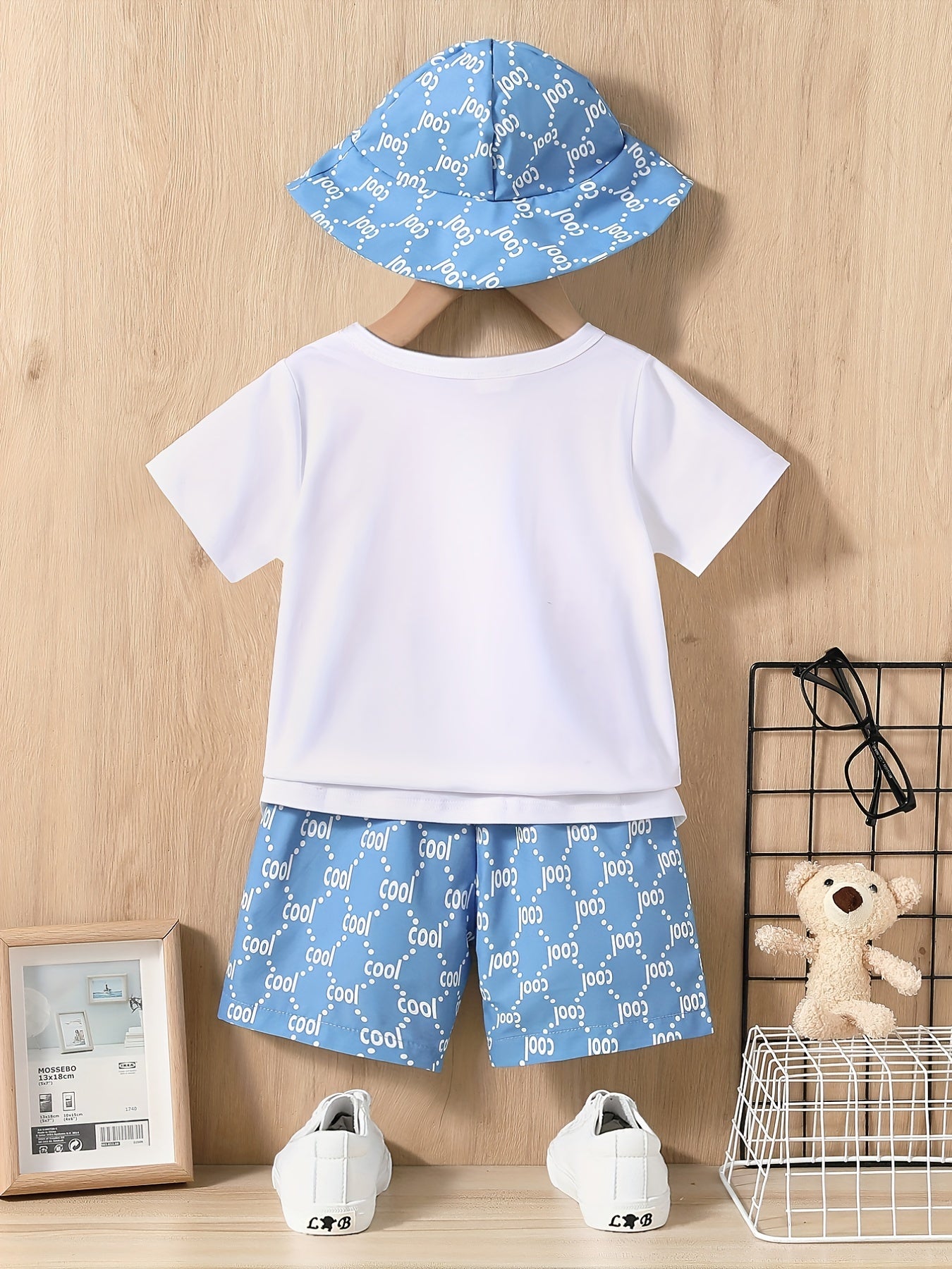 Boys Bear Print T-shirt & Shorts & Hat Set Casual Summer Outfit