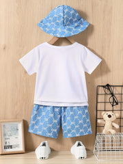 Boys Bear Print T-shirt & Shorts & Hat Set Casual Summer Outfit