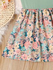 Girl's Butterfly Bow Tie Shoulder Splicing Flower Pattern Suspender Dress