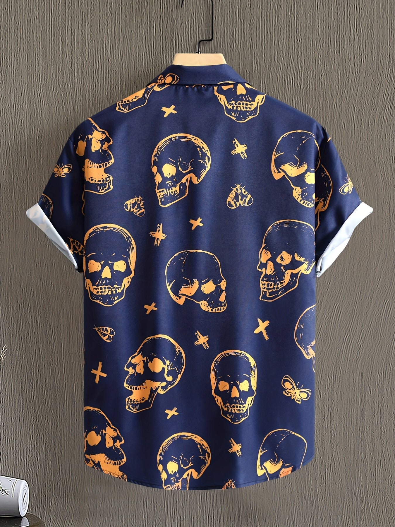 Navy Orange Skull Vintage Style Summer Shirt Men Short Sleeve Casual Blouse