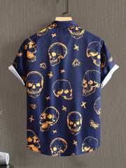 Navy Orange Skull Vintage Style Summer Shirt Men Short Sleeve Casual Blouse