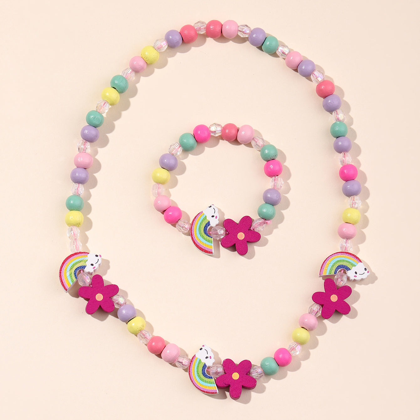Cartoon Butterfly Flower Rainbow Beaded Necklace Bracelet Set for Girls