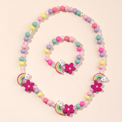 Cartoon Butterfly Flower Rainbow Beaded Necklace Bracelet Set for Girls