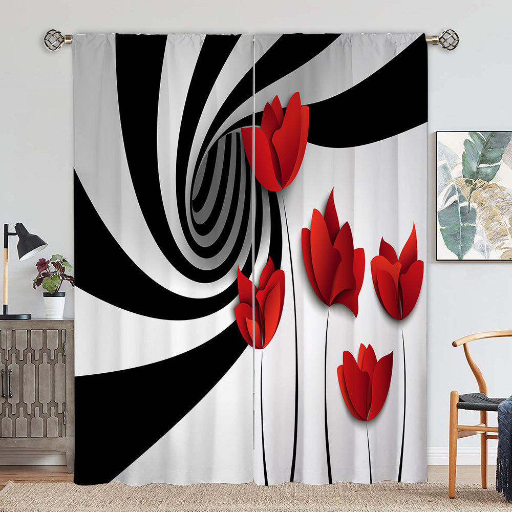 Abstract Art Window Curtain Red Flower & Abstract Spiral Circle Rod Pocket