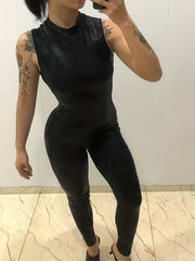 Sleeveless Slim Solid Jumpsuit Sexy Mock Neck Jumpsuit For Spring & Summer