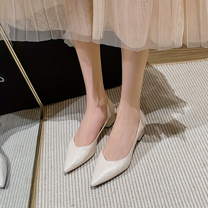 Women's Pointed Toe Mid Heels Slip On Chunky Heels Versatile Office Shoes