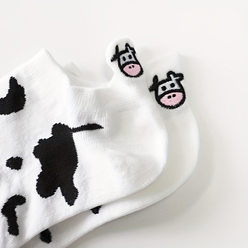 5 Pairs Cartoon Cow Print Socks & Lightweight Ankle Socks Women's Stockings
