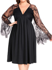  Sexy Dress Women's Plus Solid Contrast Lace Bell Sleeve V Neck Medium