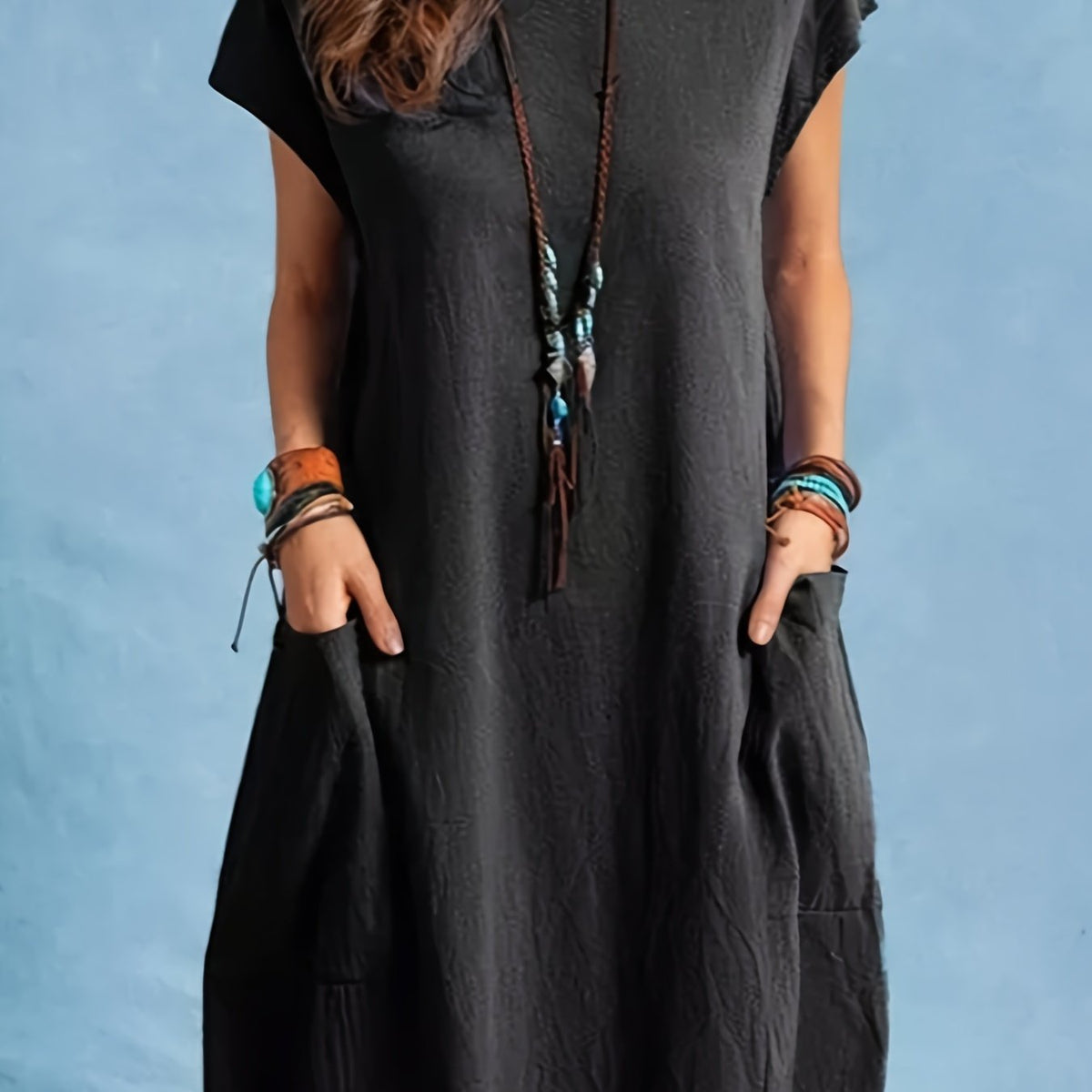  Basic Dress Women's Plus Short Sleeve Maxi Dress With Pockets