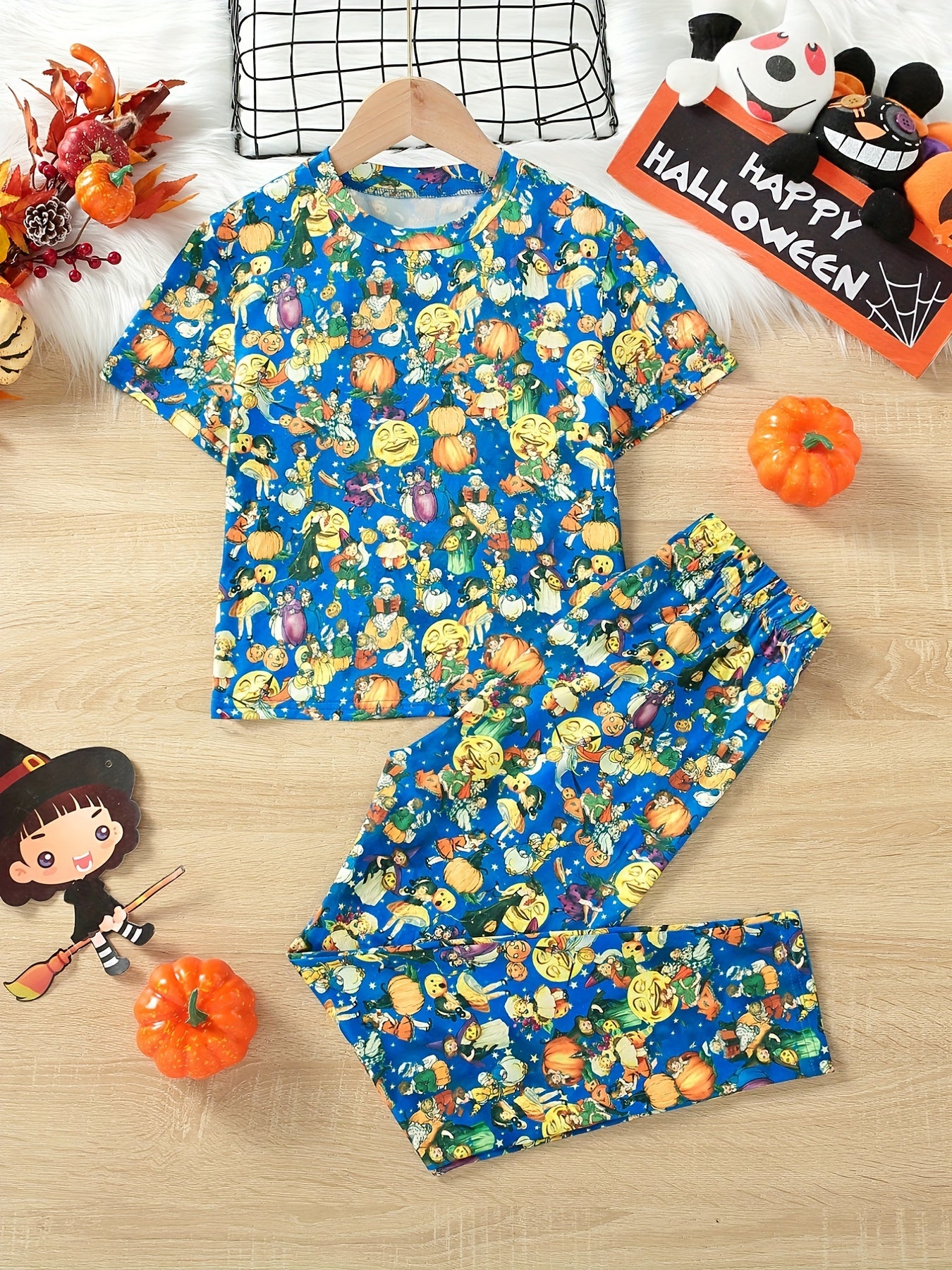 Kids' Pumpkin Witch Pajamas Set Halloween Style PJ Set Girl's