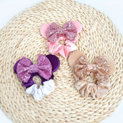 4pcs Mouse Ears Scrunchies Sequin Velvet Hair Tie Colorful Hair Rope