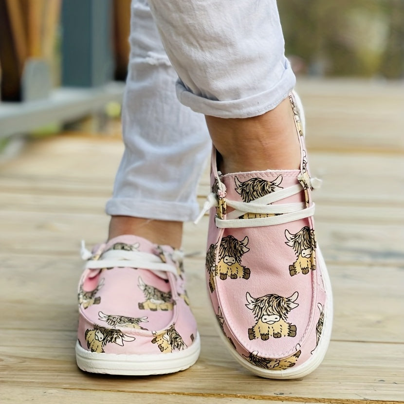 Women's Cartoon Animal Print Canvas Shoes Low Top Lace Up Round Toe Casual Shoes
