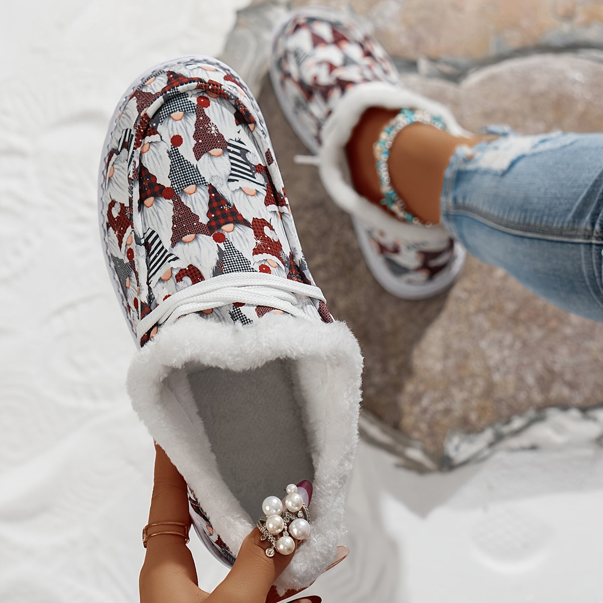 Christmas Print Snow Boots Women's Winter Lace-Up Flats Sneakers