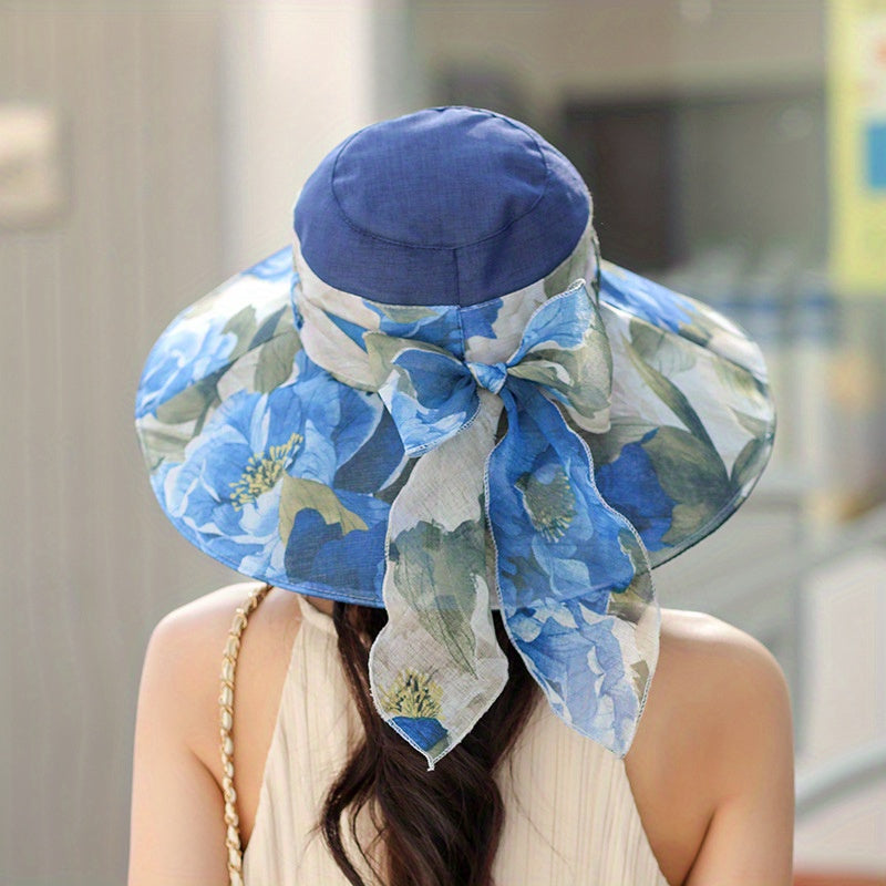 Flower Print Foldable Sun Hat Ribbon Bowknot Decor Bucket Hat UV Protection